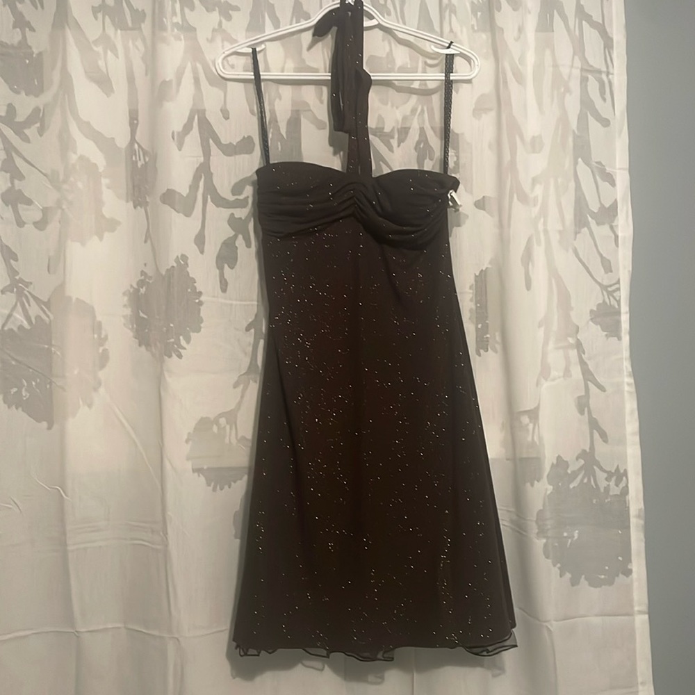 Suzy shier Women’s Med Halter tie strap dress brown fabric with copper sparkles!